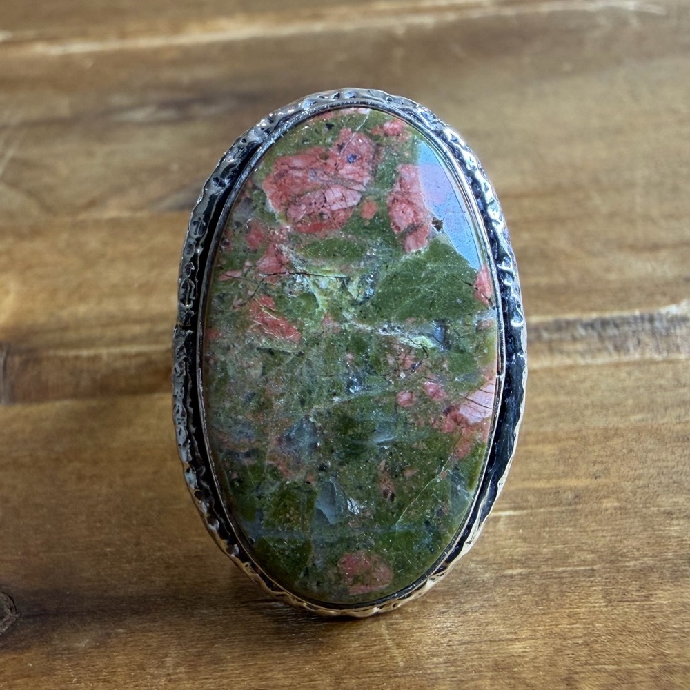 Vintage Style Genuine Unakite Jasper Gemstone Ring Size 8 Silver 925 Plated Boho